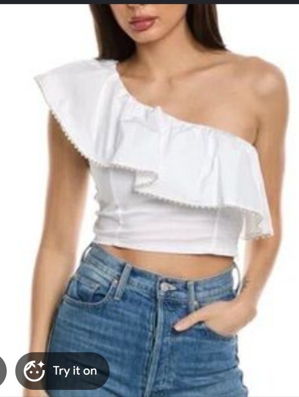 Wildfox White One-Shoulder Ruffle Crop Top Beaded Trim S